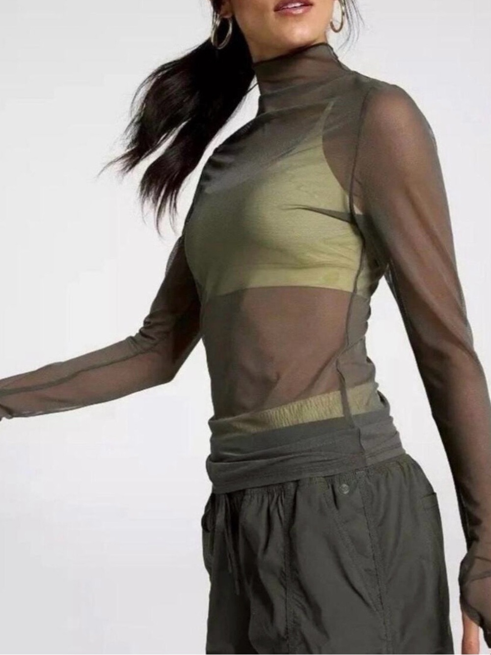 CALIA Ivy Green Draped Funnel Long Sleeve Sheer Mesh Top Small